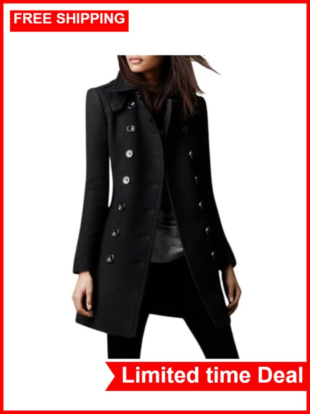 Double Breasted Wool Blend Pea Coat Winter Trench